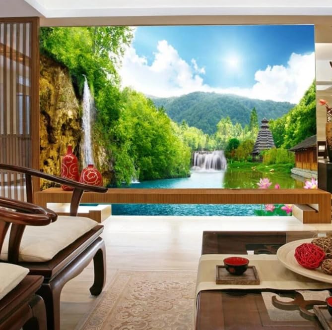 Papier peint 3D salon panoramique cascade montagne lac - Décoration murale 250x175