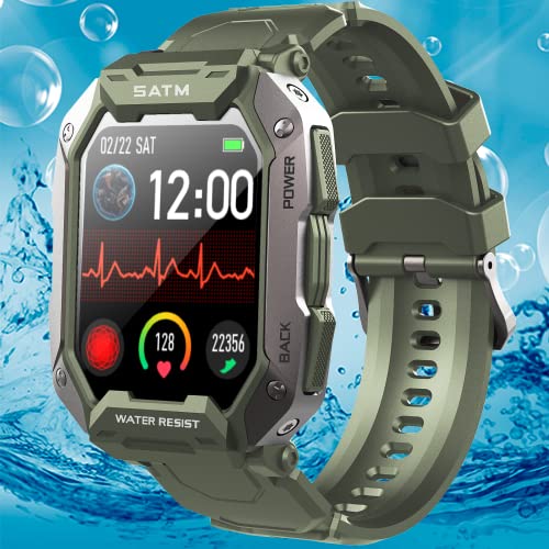 Relojes inteligentes para hombres, 5ATM, impermeable, rastreador de fitness, Android, compatible con Samsung 1.72 pulgadas, HD, resistente, táctico, deportes al aire libre, militar, con frecuencia cardíaca, presión arterial