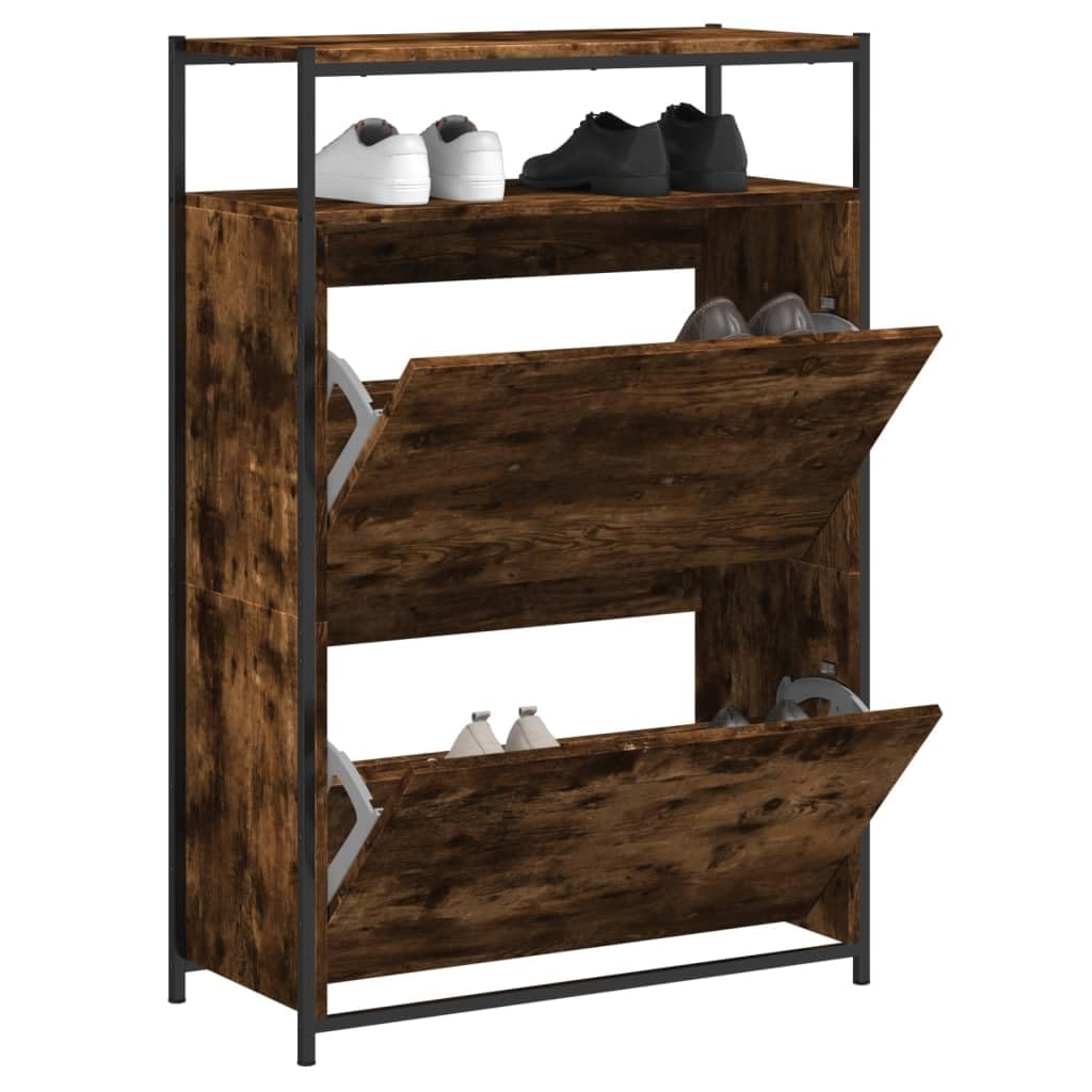 Szafka na buty, dąb wędzony, materiał drewnopochodny, 75 x 34 x 112 cm, wąska, nie zajmuje dużo miejsca, z 2 klapkami i 1 półką do przedpokoju, przedpokoju i wejścia, praktyczne