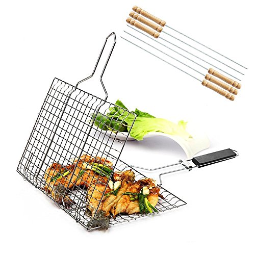 iGoods [ENLARGED]Stainless Steel BBQ Barbecue Grill Basket With Removable Wood Handle,-Grilling Basket Pan