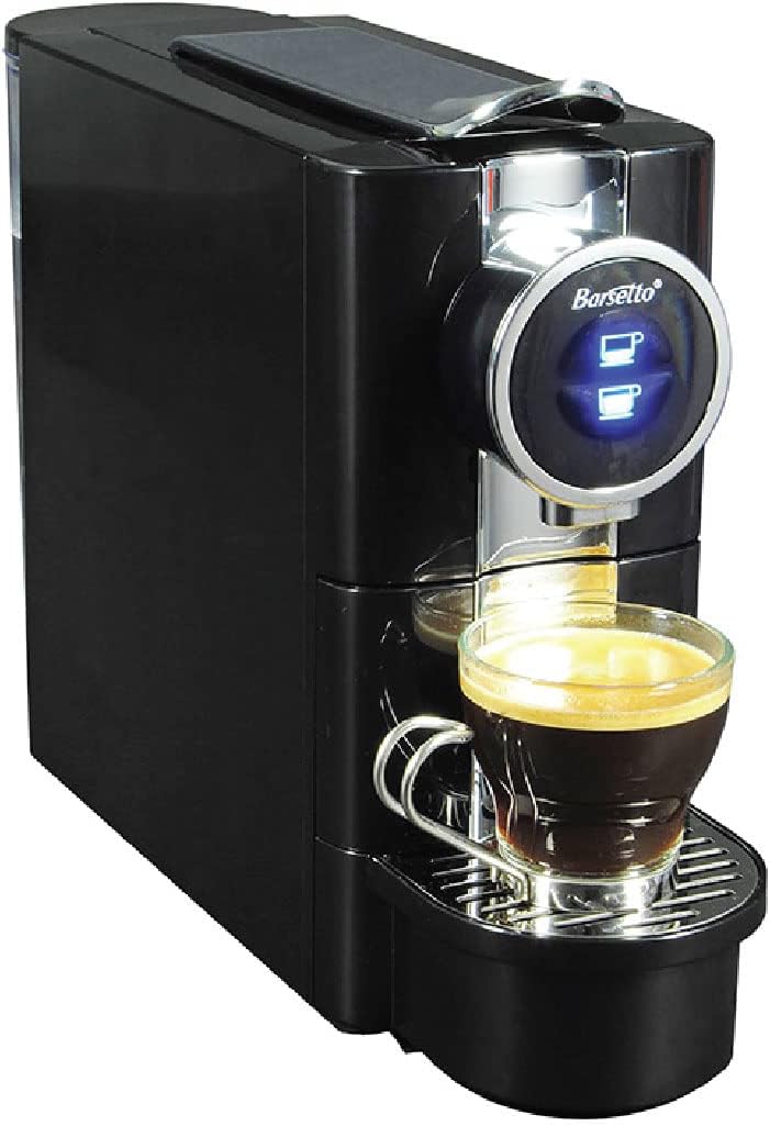 Barsetto One-Touch Espresso Maker with 19 Bar High-Pressure Pump, Fast Pre-Heating, Short or Long Shots, Compatible with Standard Espresso Coffee Pods, Black and Silver Automatic Coffee Machine