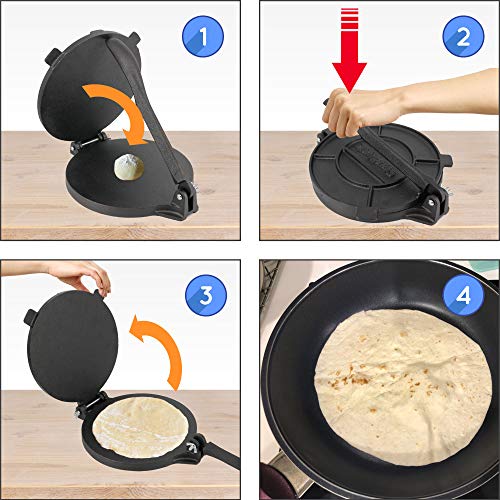 20.5cm Cast Iron Tortilla Press by StarBlue with FREE 100 Pieces Oil Paper and Recipes e-book - Tool to make Indian style Chapati, Tortilla, Roti - Image 4