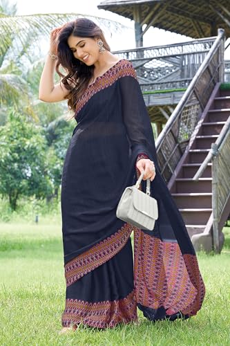 Image of MIRCHI FASHION Saree for Woman Chiffon Georgette Polka Dot Border | Plain Lightweight Women's Sari with Printed Pallu and Blouse Piece