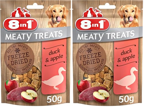 8in1 Meaty Treats, gefriergetrocknete Hunde Leckerlis mit Ente & Apfel, getreidefrei und ohne Zucker, 50 g Beutel (Packung mit 2)