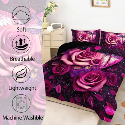 Image of AILONEN Soft Twin Comforter Set, 3-Piece Pink Rose Dragonfly Print Bedding Set,Purple Glitter Heart Flower Comforter with 2 Pillowcases