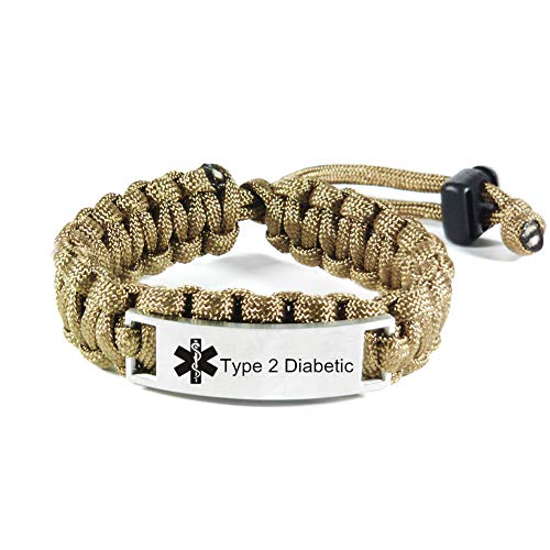 LiFashion Mens Stainless Steel Type 2 Diabetic Medical Alert Outdoor Brown Rope Paracord Survival Medical ID Bracelet Sos Emergency Cuff Bracelets for Hiking Camping Activities,Adjustable