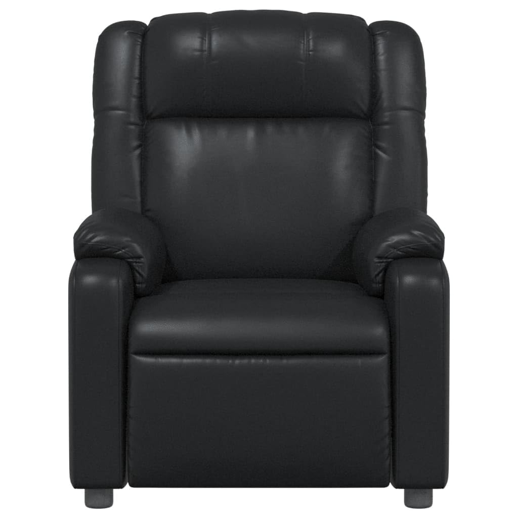Fotel relaksacyjny, czarny, sztuczna skóra z ręczną funkcją leżenia, regulowane oparcie i podnóżek, stabilna rama drewniana, ergonomiczny, wygodny fotel do salonu, kącika do czytania i biura