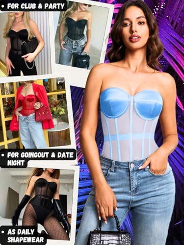 Image of Kaei&Shi Sheer Mesh Overbust Corset,Sexy Strapless Lace Up Satin Bra Corsets Top For Women Shapewear