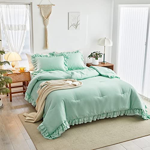 Green Ruffled Comforter Set Twin Size, 3 Pieces (1 Ruffled Comforter Set And 2 Pillowcases) Farmhouse Shabby Chic Style With 2 Layers Ruffle, Solid Color Lightweight Soft Fluffy Bedding Sets For Kids #TOP1