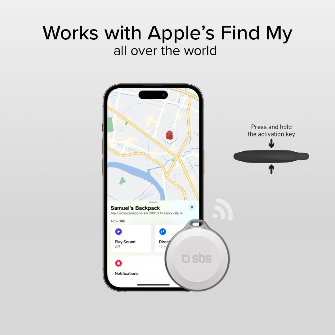 SBS Track My Circle - Localizzatore Chiavi e Oggetti Compatibile con Apple Dov’È, Suono Allarme 100 dB, Pronto all'Uso con Batteria CR2032 Inclusa, Impermeabile IP65, con Foro Portachiavi, Bianco