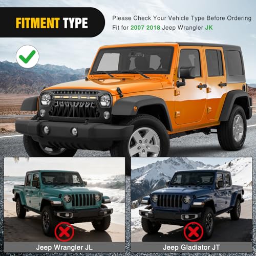 Image of Nilight Front Grill Cover for 2007 2008 2009 2010 2011 2012 2013 2014 2015 2016 2017 2018 Wrangler JK /JKU Rubicon & Sahara Sport with LED Amber Lights Black