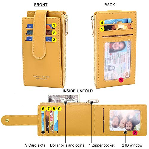 Image of Badiya Slim Women Wallet RFID Blocking Bifold Compact 9 Card Slots Holder Wallets Soft Leather with Zipper Coin Pocket 2 ID Window