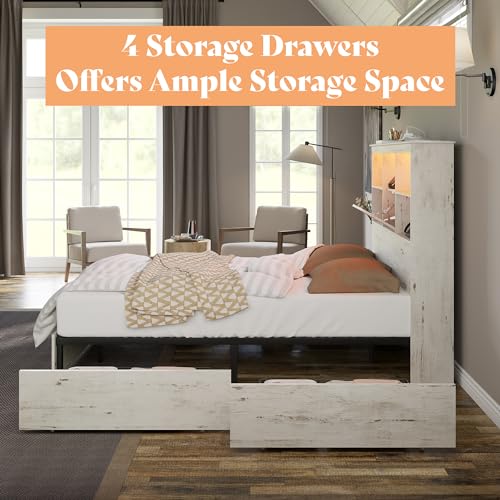 Amerlife WBF-003 Full Size Bed Frame Wooden Platform Bed With 51.2 Inch Led Storage Bookcase Headboard, 4 Storage Drawers & Charging Station/No Box Spring Needed/Noise Free/Distressed White thumb #6
