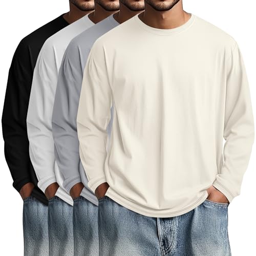 Image of August Alley 4 Pack Men's Big and Tall Cotton Shirts L-7XL, Long Sleeve Oversized Tops Loose Casual Large T-Shirts Basic Tee