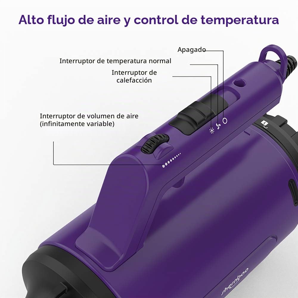 Secador de Pelo para Perros 3.8 HP Alta Velocidad Profesional Violeta | Motor 3.8 HP, Con calentador, Velocidad continua, Uso profesional perros/mascotas SMD-06P