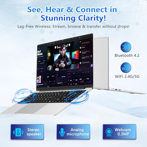 Image of 15.6 inch Laptop, Laptop N4000 Processor, Laptop Computer with 8GB LPDDR4 256GB SSD, Silver Traditional Laptop Computers for Work & Study, 180 Angle Open, Dual-Band WiFi, Long Battery