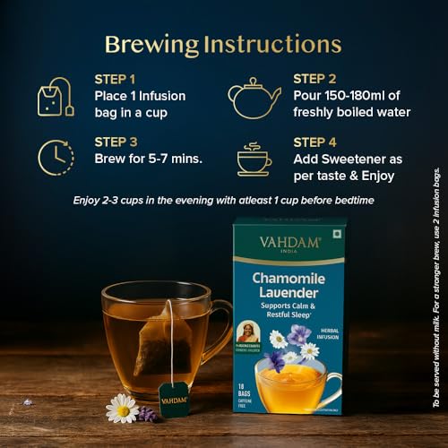 Image of VAHDAM Chamomile Lavender Herbal Infusion - 36 TB | Supports Calm & Restful Sleep | Non-Habit Forming | 8-Herb Caffeine Free Bedtime Tea | With Ashwagandha, Peppermint & Lemon Balm