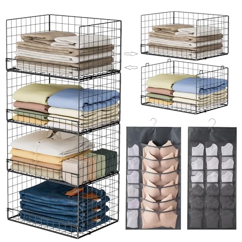 4 Pack Stackable Closet Organizers and Storage Bins Folding Clothes Storage Container Basket for Sweaters Pants Stackable Storage Drawers for Wardrobe Storage (Metal Wardrobe Drawers Black)