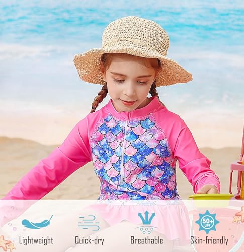 RAISEVERN 1-7 Years Girls Rashguard Swimsuit Long Sleeve One Piece Zipper Bathing Suits with Ruffle Butt3