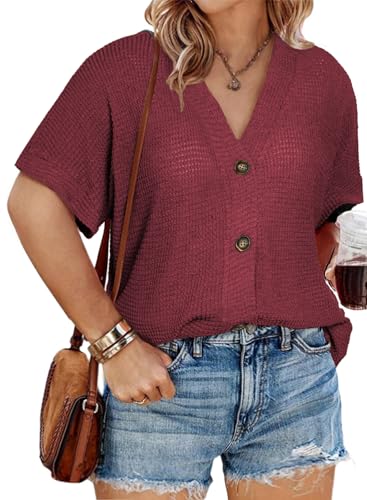 Image of Eytino Womens Plus Size Tops Casual V Neck Short Sleeve Waffle Knit Button Down Shirts(1X-5X)