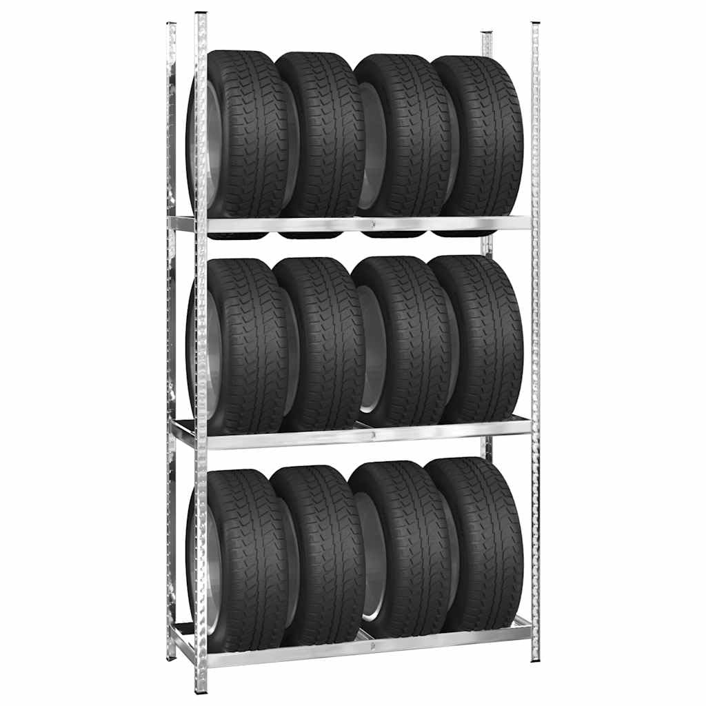 Regały na opony z 3 półkami, zestaw 4 szt., srebrne, 110 x 40 x 200 cm, stal ocynkowana, 1,1 mm, nośność 795 kg, 12 opon, z regulacją wysokości, do garażu i warsztatu