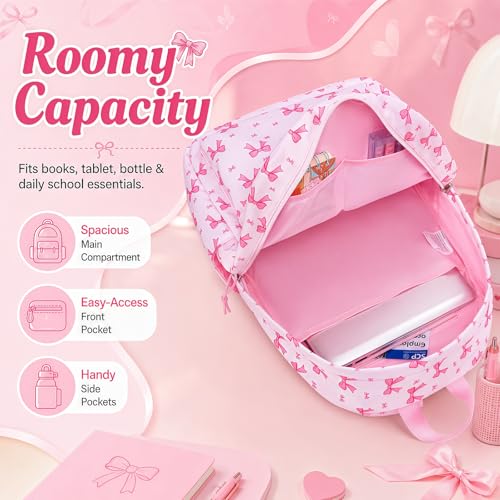 LEDAOU School Backpack for Girls Ages 5-10, 16 Inch Pink Bow Kids Bookbag with Chest Strap, Padded Straps, Front and Side Pockets for Elementary Middle School by LEDAOU - Used condition - Image 7