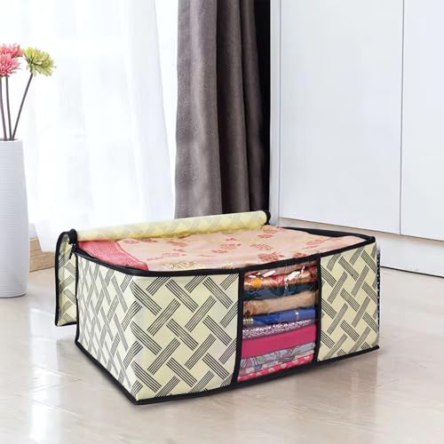 Image of Non-Woven Printed Saree Covers - Cloth Storage /Wardrobe with Transparent Window, Zipper Closure (YELLOW BLACK CHECK PACK OF 8)