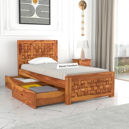Image of Solid Sheesham Wood Single Size Bed with 2 Drawer Storage Wooden Single Cot Bed for Home Living Room Bedroom Guest Room Hotel (Honey, Size 6 * 3)