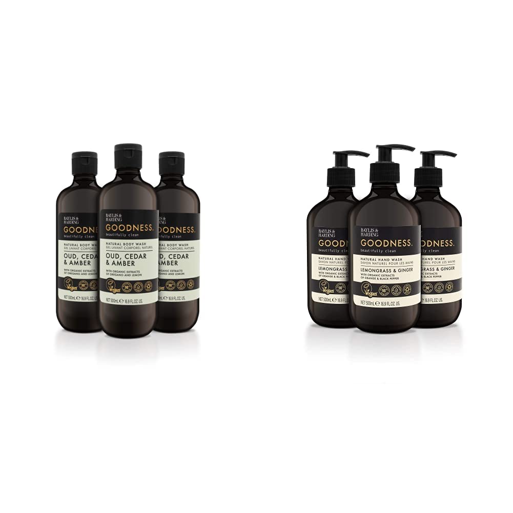 Baylis & HardingGoodness Oud, Cedar and Amber Body Wash, 500ml, (Pack of 3) - Vegan Friendly & Goodness Lemongrass & Ginger Hand Wash, 500 ml, (Pack of 3) - Vegan Friendly
