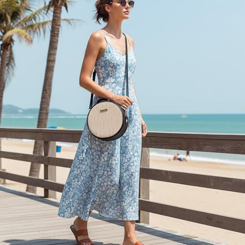 Bolso circular de ratán tejido para mujer, bolso de paja natural con asas de cuero sintético, ligero, ideal para verano, bandolera o tote miniatura 7