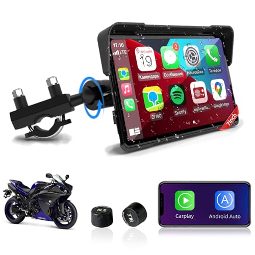 Jansite CarPlay Moto Android Auto sans Fil avec TPMS, 7 Pouces GPS Moto IP67 Étanche Tactile écran9, Navigation GPS, Bluetooth, Siri/G0ogle Assistant