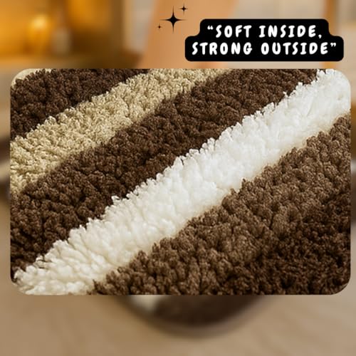 Image of VAS COLLECTIONS Microfiber Solid & Striped Anti-Skid Bath Mats - Pack of 2 (Brown & White, 35x50 cm)