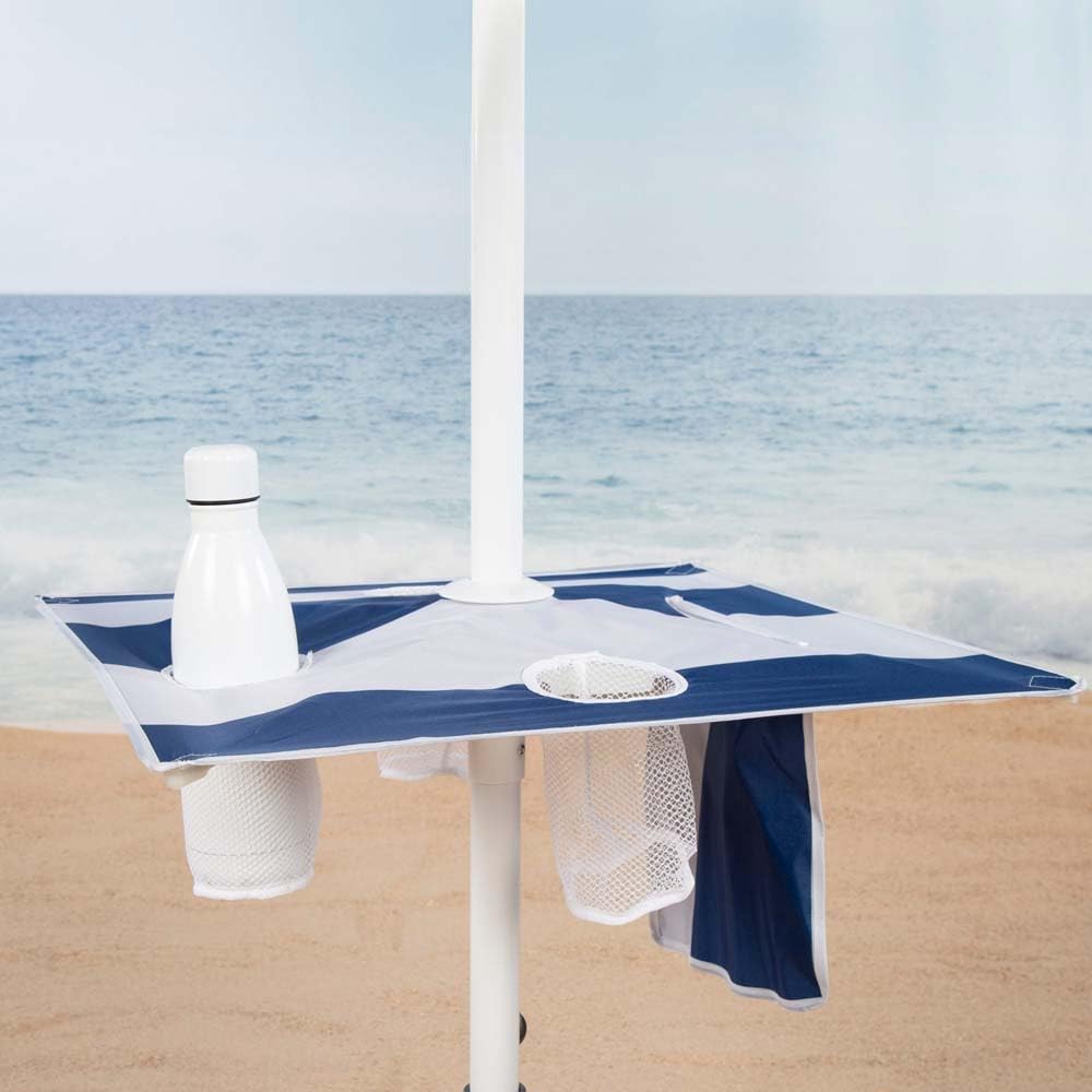 AKTIVE Parasol de plage, marin, 210 cm, table centrale avec dessous de verre, crochet, mât en acier, inclinable et réglable en hauteur, tissu polyester Oxford, protection UV50, grands parasols (62330)
