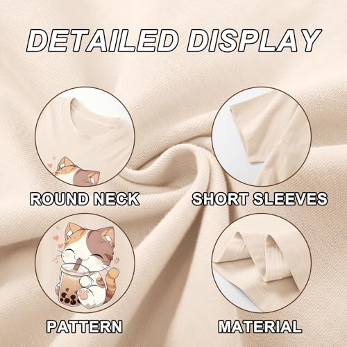 Image of KEEVICI Cute Cat Shirts for Girls Graphic Tees Bubble Tea Tshirt Kids Kawaii Cartoon Animal Print T Shirt Summer Cotton Tops
