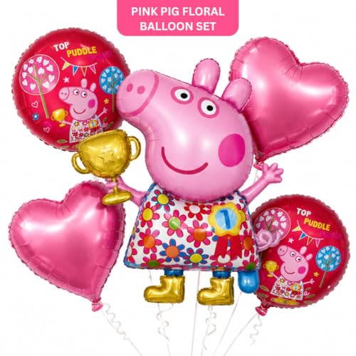 Image of Wanna Party Cute Pink Pig Floral Print Balloon Bouquet Set - 5PC Foil Balloon Decoration, Helium Supported for Kids Birthday, Farm Theme Party, Cake Table & Photo Booth Decor