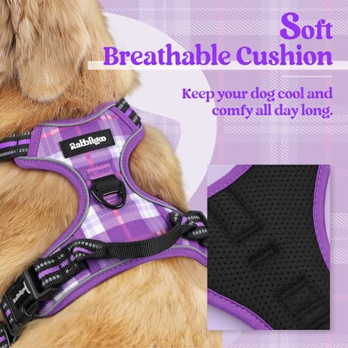 Image of rabbitgoo Dog Harness No Pull with 2 Leash Clips, Adjustable Soft Padded, Reflective Oxford No Choke Pet Vest with Easy Control Handle for Large Dogs, Purple Plaid, XL
