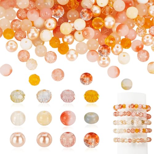 AHANDMAKER Juego de 610 cuentas de cristal de 8 mm, 12 colores, cuentas sueltas de cristal de la serie naranja, kit de fabricación de joyas para hacer pulseras, collares, aretes, joyas