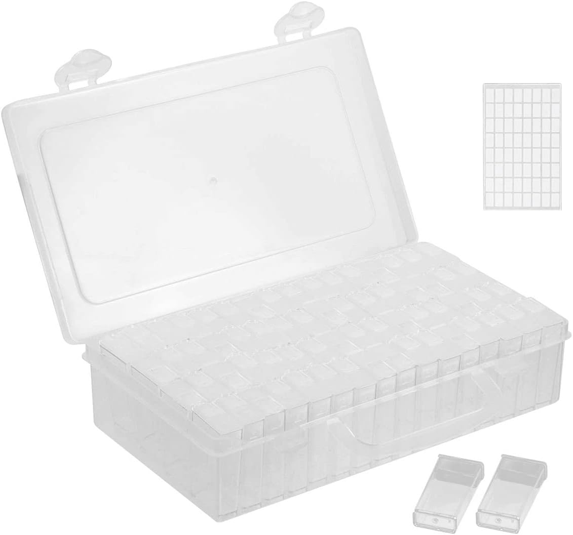 Beauenty 64 Slots Plastic Seed Storage Organizer BoxTransparent Reusable Seed Container With Label Stickers,Multi-Purpose Diamond Embroidery Storage