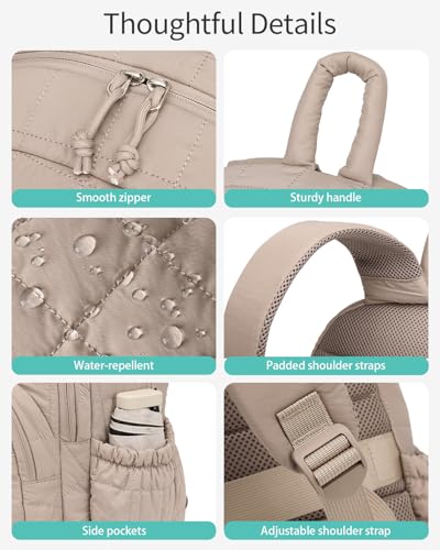 Image of Bookbag for Women, Teen Girls Backpack for High School College Student, Puffer Quilted Back Pack Cute Laptop Backpack for Work Travel Mom Casual Daypack, Camel