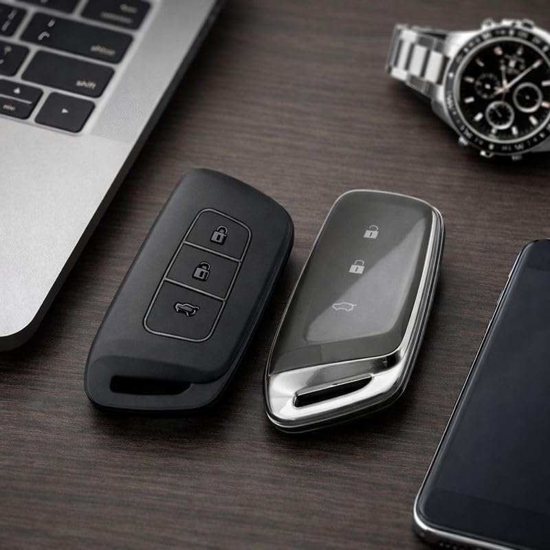 Image of JVCV Soft TPU Key Cover Compatible with New MG Hector, Hector Plus, Windsor and Windsor Pro EV Smart Key | Scratch-Resistant Protective Case (Combo - Matte Black & Transparent)