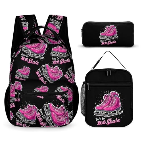 Born To Ice Skate Cute Print Backpack Set of 3 Portable Lunchbox Pencil Cases for Daily Travel