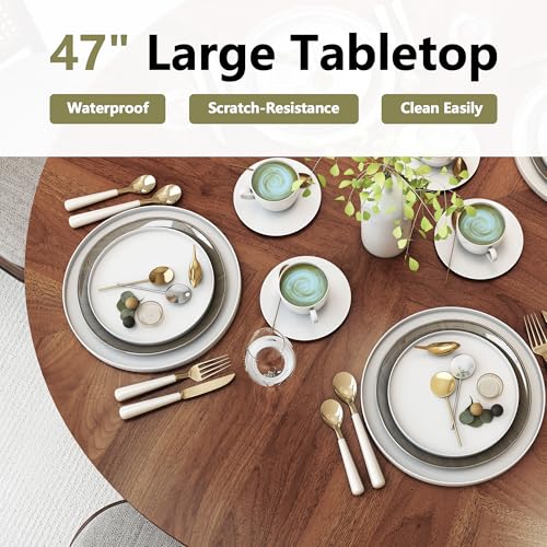 Image of weselon 47 inch Round Dining Table for 4, Kitchen Table Dinner Table with 2-Layer Storage Shelf and Wood Slide Door for Home Dining Room Living Room (Walnut)