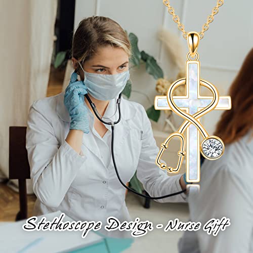 WINNICACA Sterling Silver Stethoscope Necklace for Women White Coat Ceremony Christmas Gifts Cross Pendant with Created Opal Nursing Theme Jewelry for Nurse Doctor Medical Students RN Nurse2
