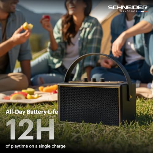 Image of Schneider ENERZA HP60 Wireless Portable Home Audio Speaker | 60W Triple-Driver 360 Sound | Wooden Acoustic Enclosure with Bluetooth 5.4 IPX4 Splashproof | Vintage Classic Design - Black
