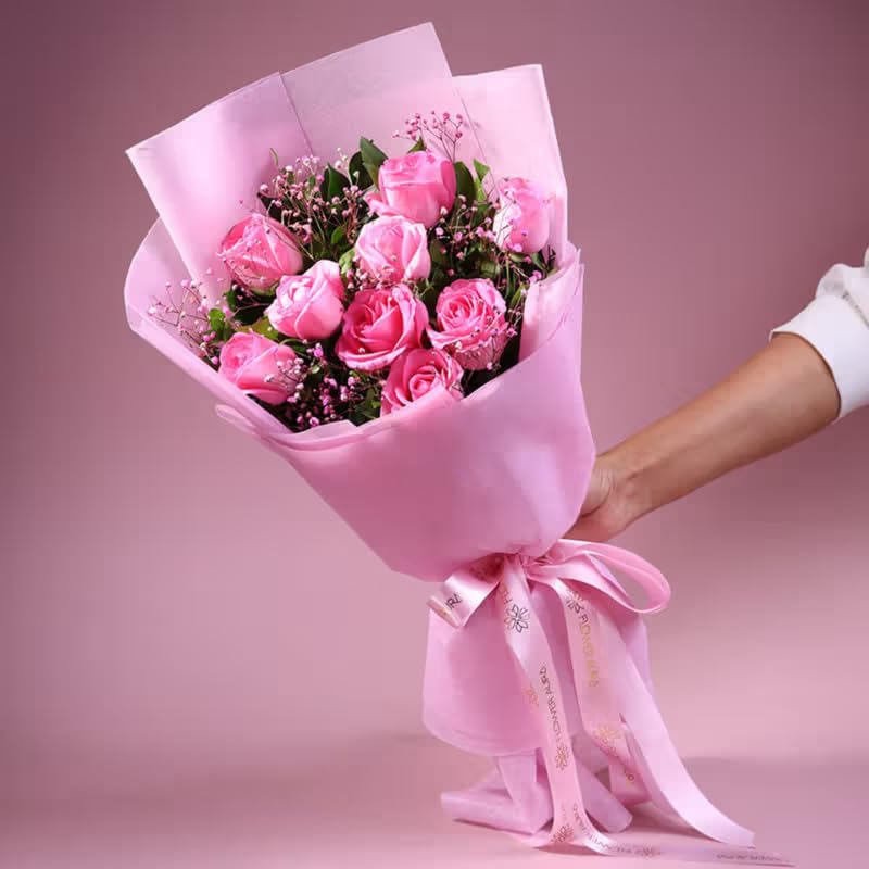 FlowerAura Premium Fresh Live Flower Bouquet of 9 Pink Roses In Designer Wrapping Paper Gift For Birthday | Anniversary | Love | Home Decor | Mothers Day Gift For Mom (Same Day Delivery)