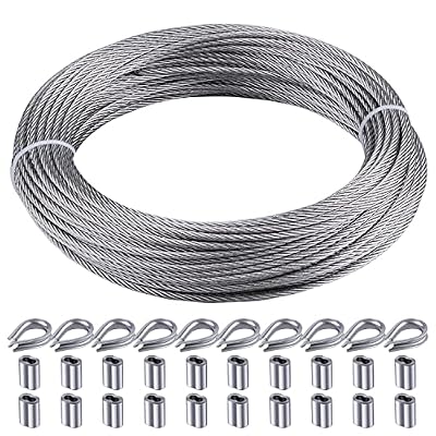 Rectoo 1/8" wire cable, 100ft Wire Rope Metal Cable With Loop Sleeve And Steel Thimble, 7x7 marine stainless steel Strand Core Perfect For Deck Railing System, Outdoor hanging kit, garden fence (SR03)