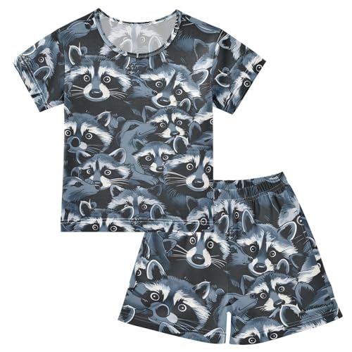 ALAZA Black Blue Raccoon Pajamas Short Sleeve 2 Piece Sleepwear Top and Bottom Pajama Set Unisex
