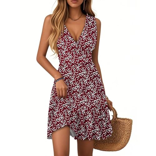 Kleid midi Damen festlich Damen Kleider Sommer Ärmellos Strandkleid V-Ausschnitt Blumenmuster Rüschen Swing Sommerkleid Hohe Taille Sexy Festlich...