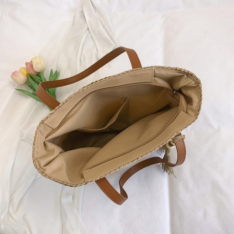 Straw Beach Bag Summer Woven Tote Bag with Zipper Handbag Shoulder Purse for Women Travel Vacation3