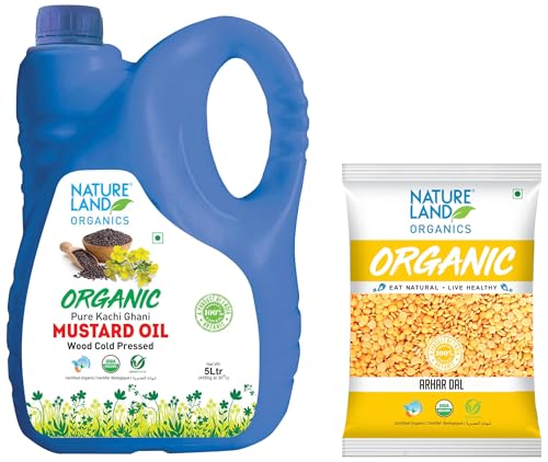 Image of Natureland Organics Mustard Oil Jar, 5 L & Arhar / Toor Dal 500 Gm - Organic Healthy Pulses